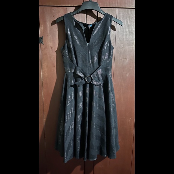 Eva Franco Kier Fit & Flare Striped Silk Blend Dress Black/Silver Glitter Size 4